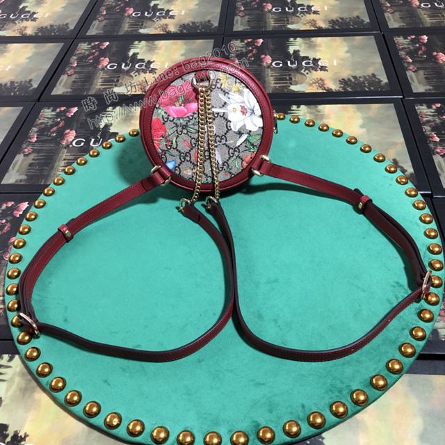 Gucci包 古馳女包 598661 花料/紅皮 Gucci新款圓形小背包 Gucci迷你雙肩包  gudj1395